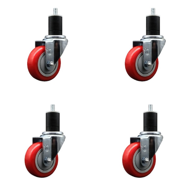 3.5'' Red Poly Wheel Swivel 1-3/4'' Expanding Stem Caster Set, 4PK